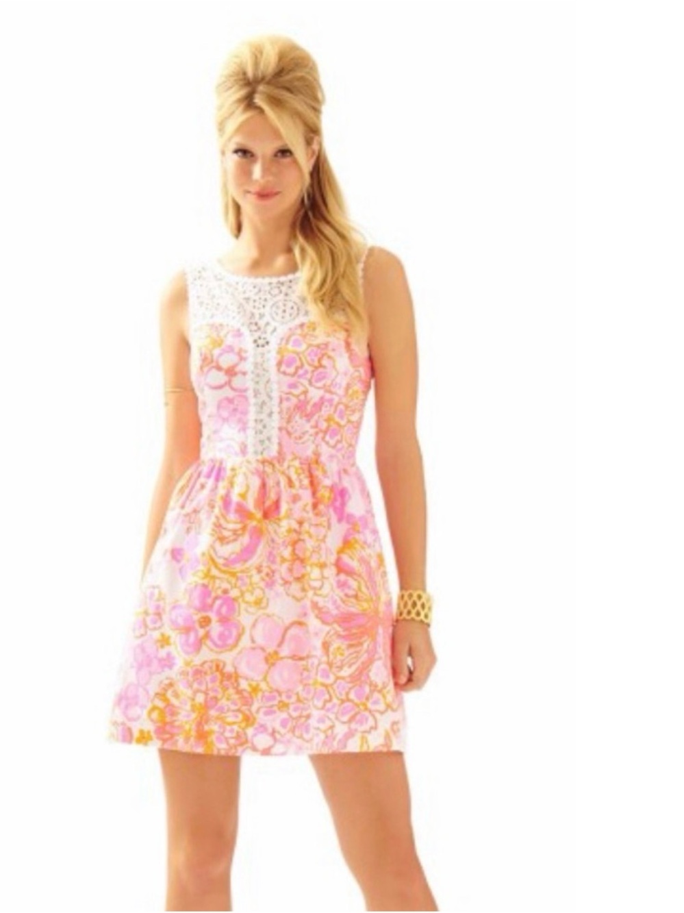 Lilly Pulitzer Pink & Yellow Floral Lace-Yoke Dress